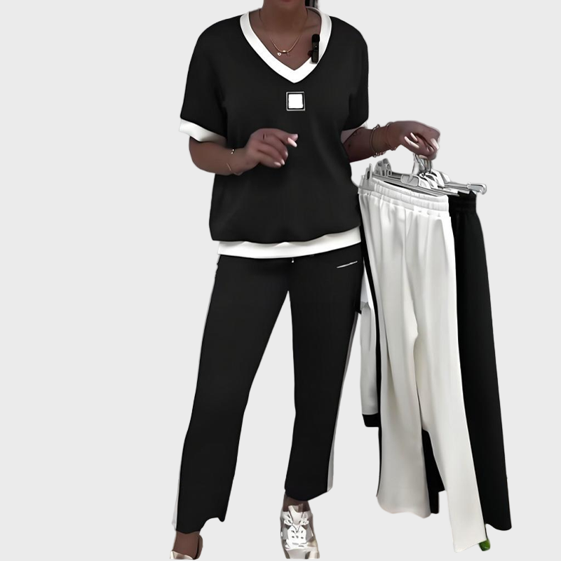 Dámská souprava s topem a kalhotami s výstřihem do V