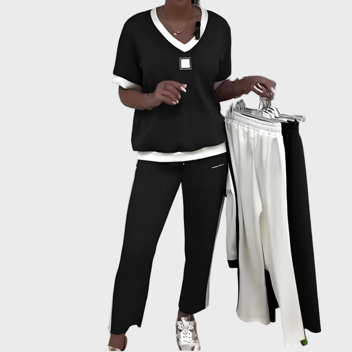 Dámská souprava s topem a kalhotami s výstřihem do V