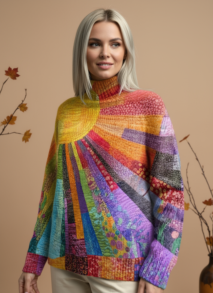 Pulovr s vysokým límcem a živým designem